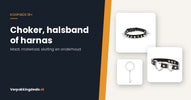Drie chokers van leer en metaal naast de tekst Choker, halsband of harnas