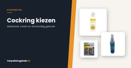 Flacon glijmiddel, toycleaner en batterijen naast de titel Cockring kiezen