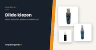 Flacon glijmiddel en twee flessen toycleaner naast de titel Dildo kiezen