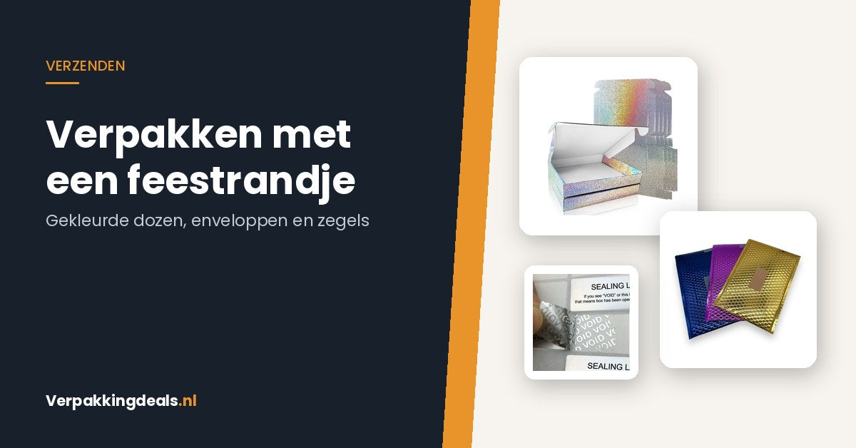 Verpakken met een feestrandje: gekleurde dozen, metallic enveloppen en zegels