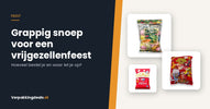Zakjes snoep, gummy en popcorn naast de titel Grappig snoep voor een vrijgezellenfeest