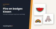 Emaille pins in verschillende vormen naast de titel Pins en badges kiezen