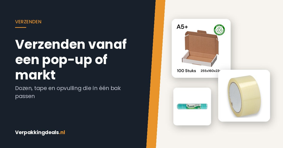 Versand aus einem Pop-up-Store oder von einem Markt: Kartons, Klebeband und Füllmaterial, die in eine Kiste passen