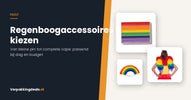 Regenboogvlag-pin, pride engelenvleugels en handwaaier naast de titel Regenboogaccessoires kiezen