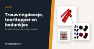 Trouwringdoosjes en houten hartklemmen naast de titel Trouwringdoosje, taarttopper en bedankjes