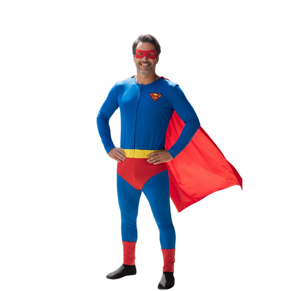 Superhelden Kostuum Heren Blauw met Rode Cape en Masker
