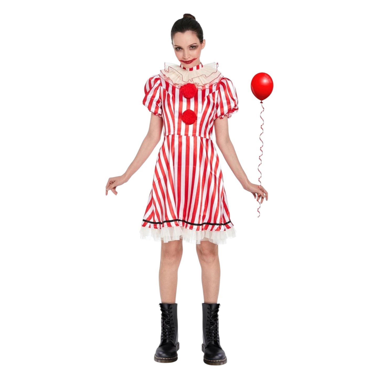 Vrouwelijk Clownkostuum met Rode-Witte Strepen – Jurk met Pompons & Ruches Maat L