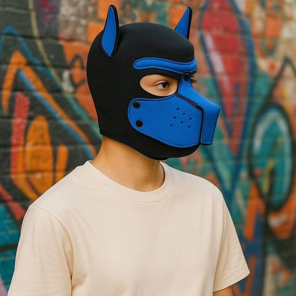 Pup Play Masker – Zwart met Blauw | Neopreen Puppy Hood met Afneembare Snuit