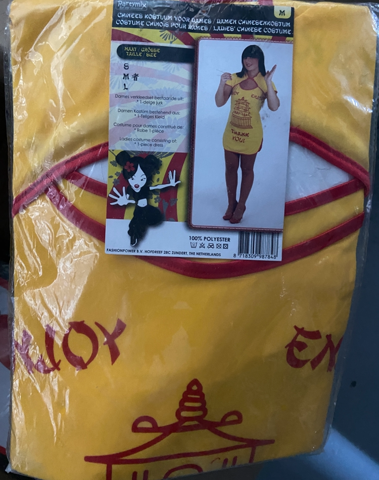 Dames Jurk "Enjoy Thank You" – Geel Rood Chinees Take-Out Design – Maat S, M, L