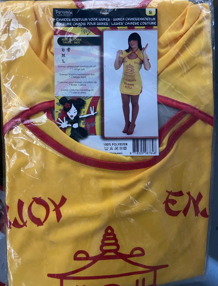 Dames Jurk "Enjoy Thank You" – Geel Rood Chinees Take-Out Design – Maat S, M, L