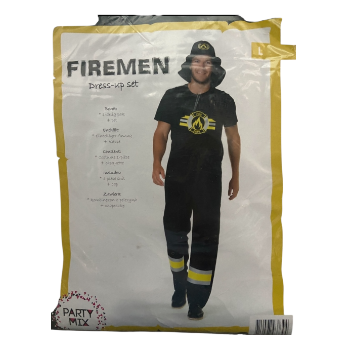 Brandweerman Kostuum Zwart – Verkleedset met Shirt, Tuinbroek en Hoed – Maat M L XL