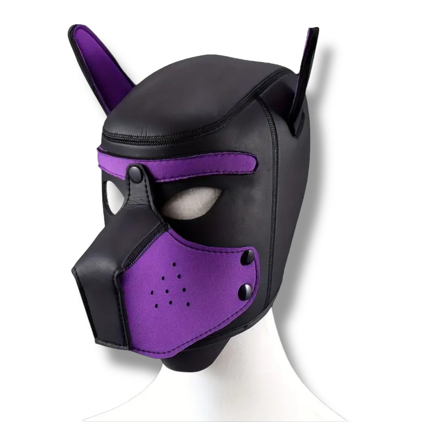 Pup Play Masker – Zwart met Paars | Neopreen Puppy Hood met Afneembare Snuit