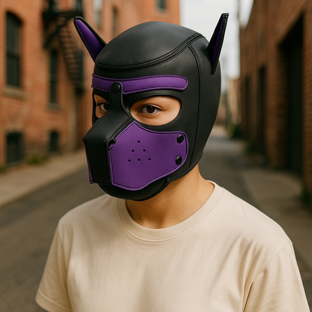 Pup Play Masker – Zwart met Paars | Neopreen Puppy Hood met Afneembare Snuit