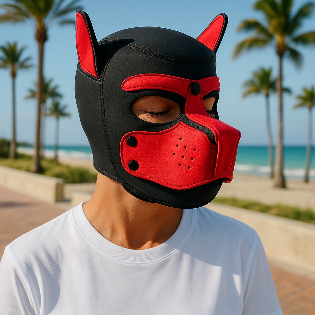 Pup Play Rood-Zwart Masker – Met Aflopende Snuit & Oor Accenten