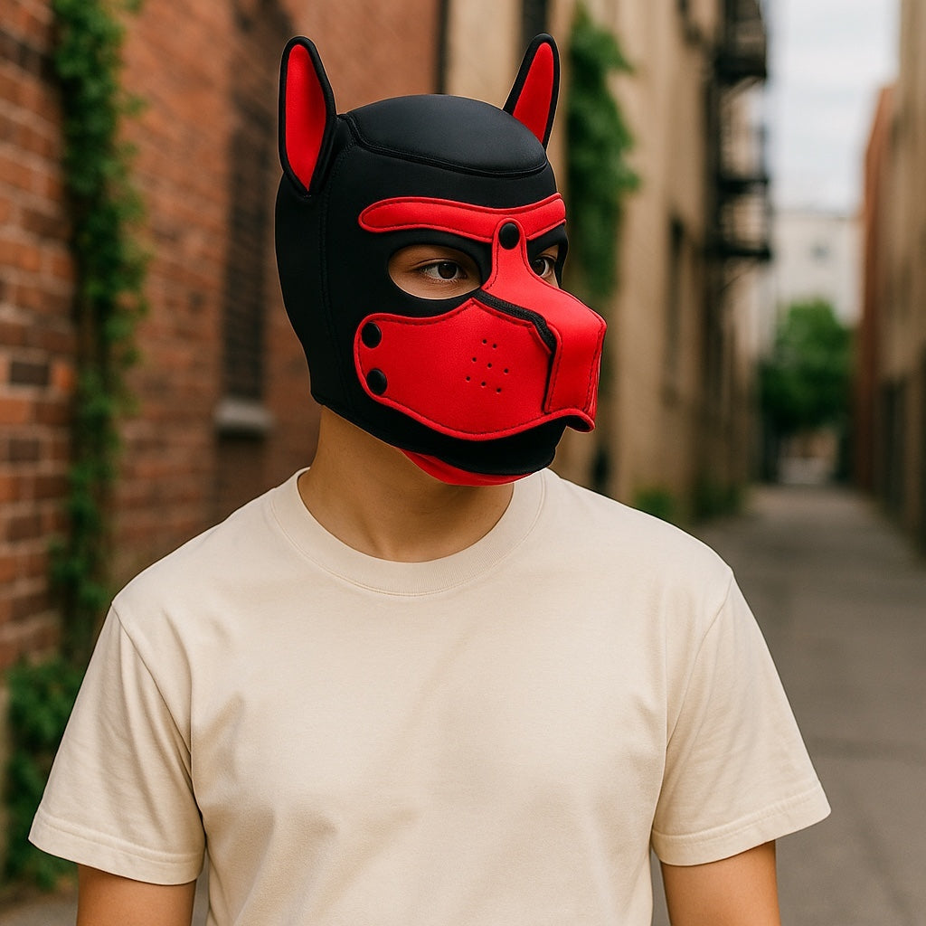Pup Play Rood-Zwart Masker – Met Aflopende Snuit & Oor Accenten