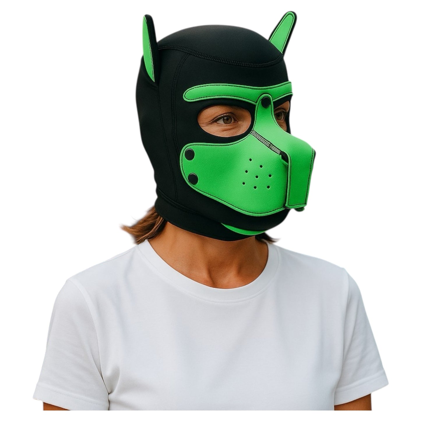 Pup Play Masker – Zwart met Groen | Neopreen Puppy Hood met Afneembare Snuit