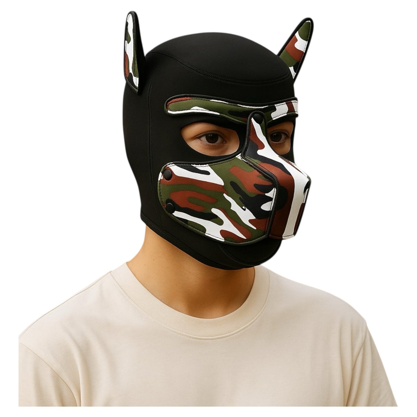 Pup Play Masker – Camouflage Puppy Hood met Afneembare Snuit | Neopreen