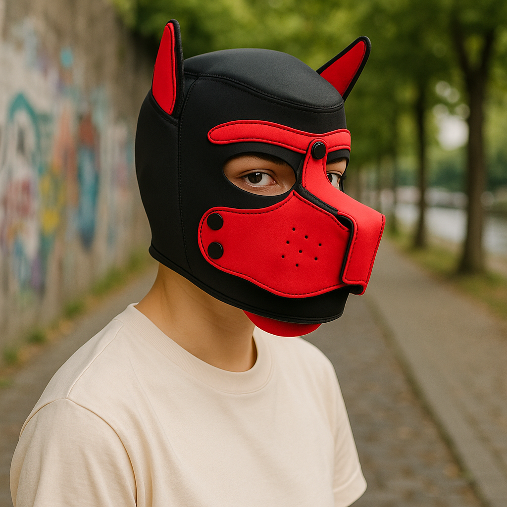 Pup Play Rood-Zwart Masker – Met Aflopende Snuit & Oor Accenten