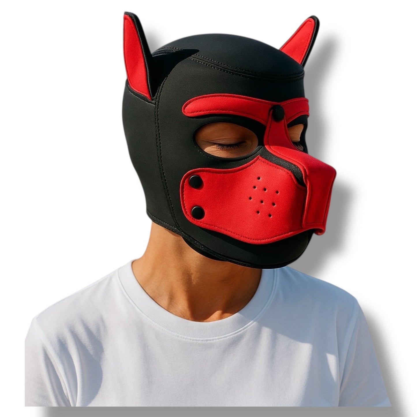 Pup Play Rood-Zwart Masker – Met Aflopende Snuit & Oor Accenten