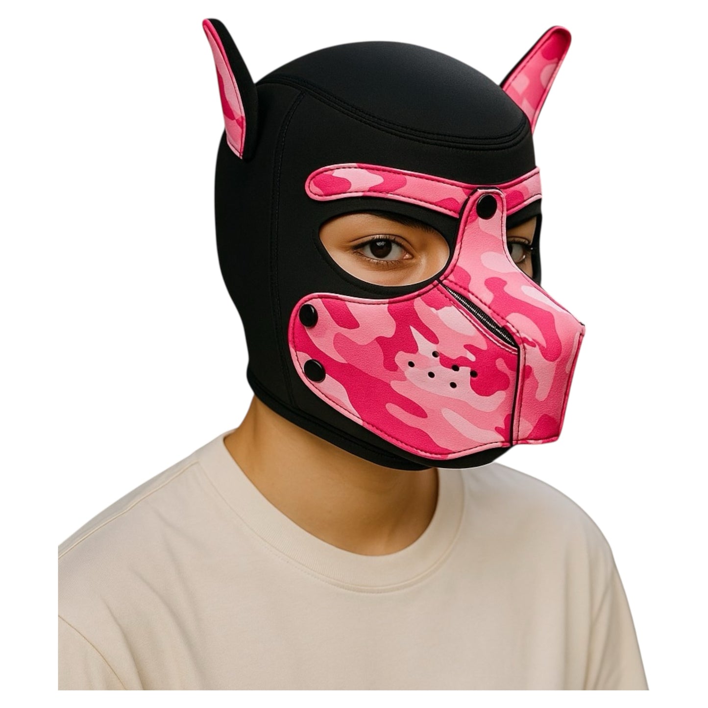 Pup Play Masker – Roze Camouflage Puppy Hood | Neopreen met Afneembare Snuit