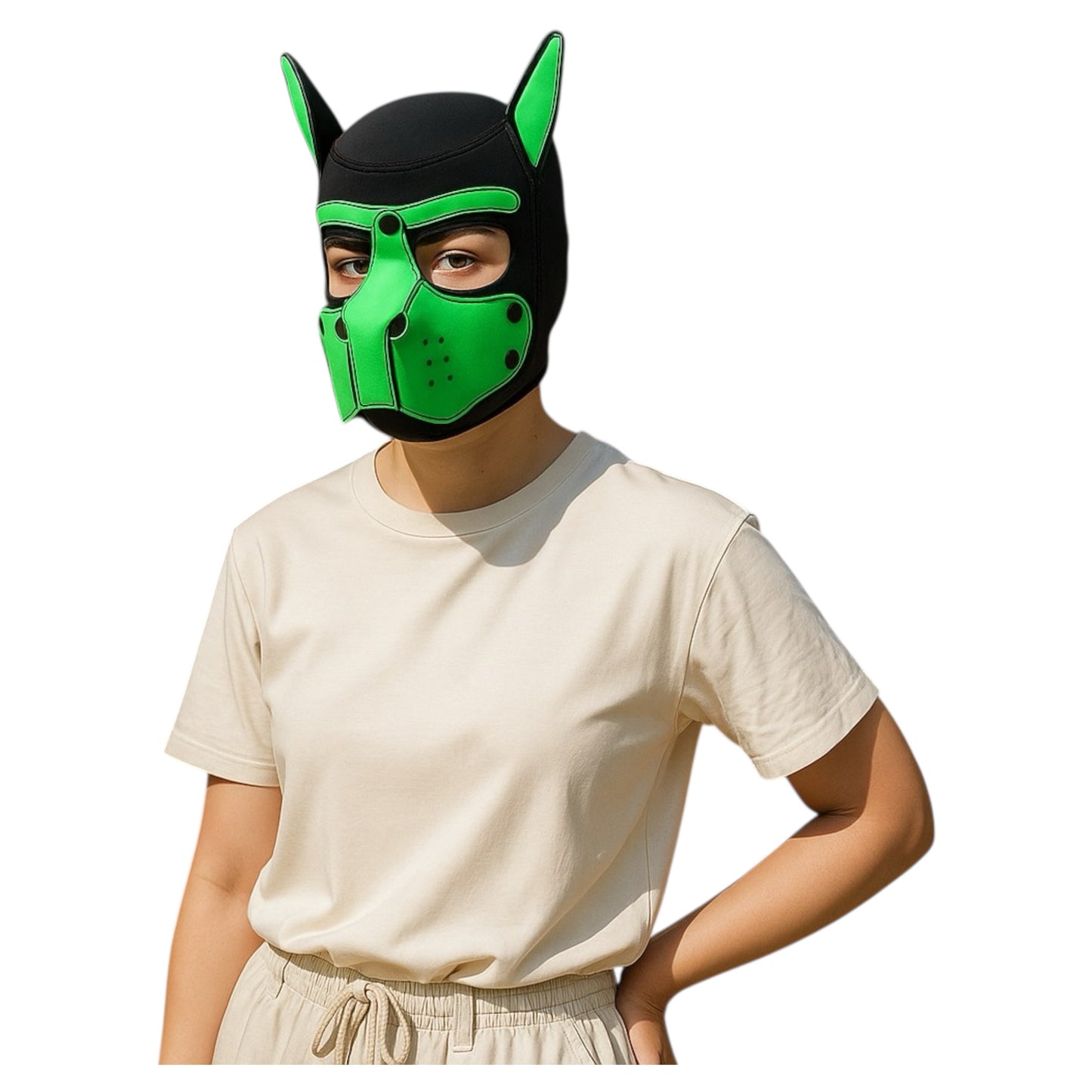 Pup Play Masker – Zwart met Groen | Neopreen Puppy Hood met Afneembare Snuit