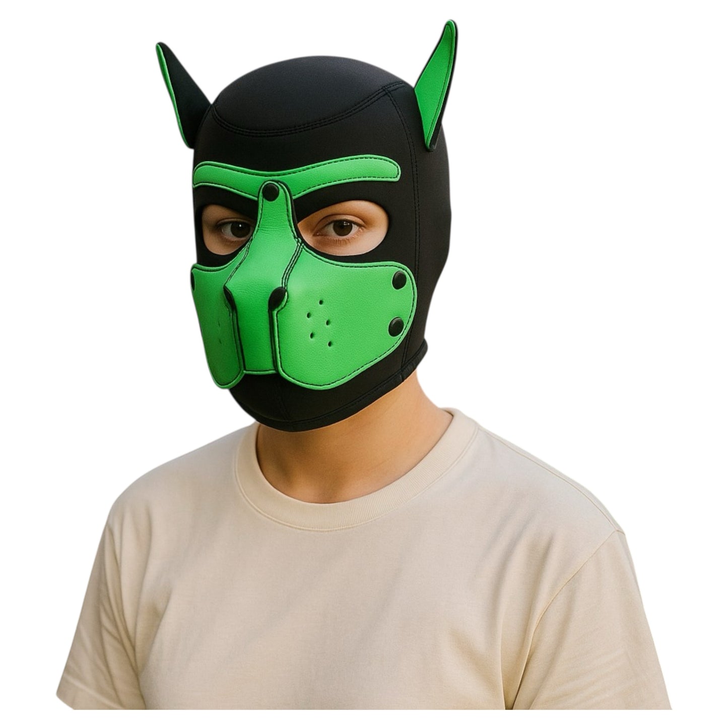 Pup Play Masker – Zwart met Groen | Neopreen Puppy Hood met Afneembare Snuit