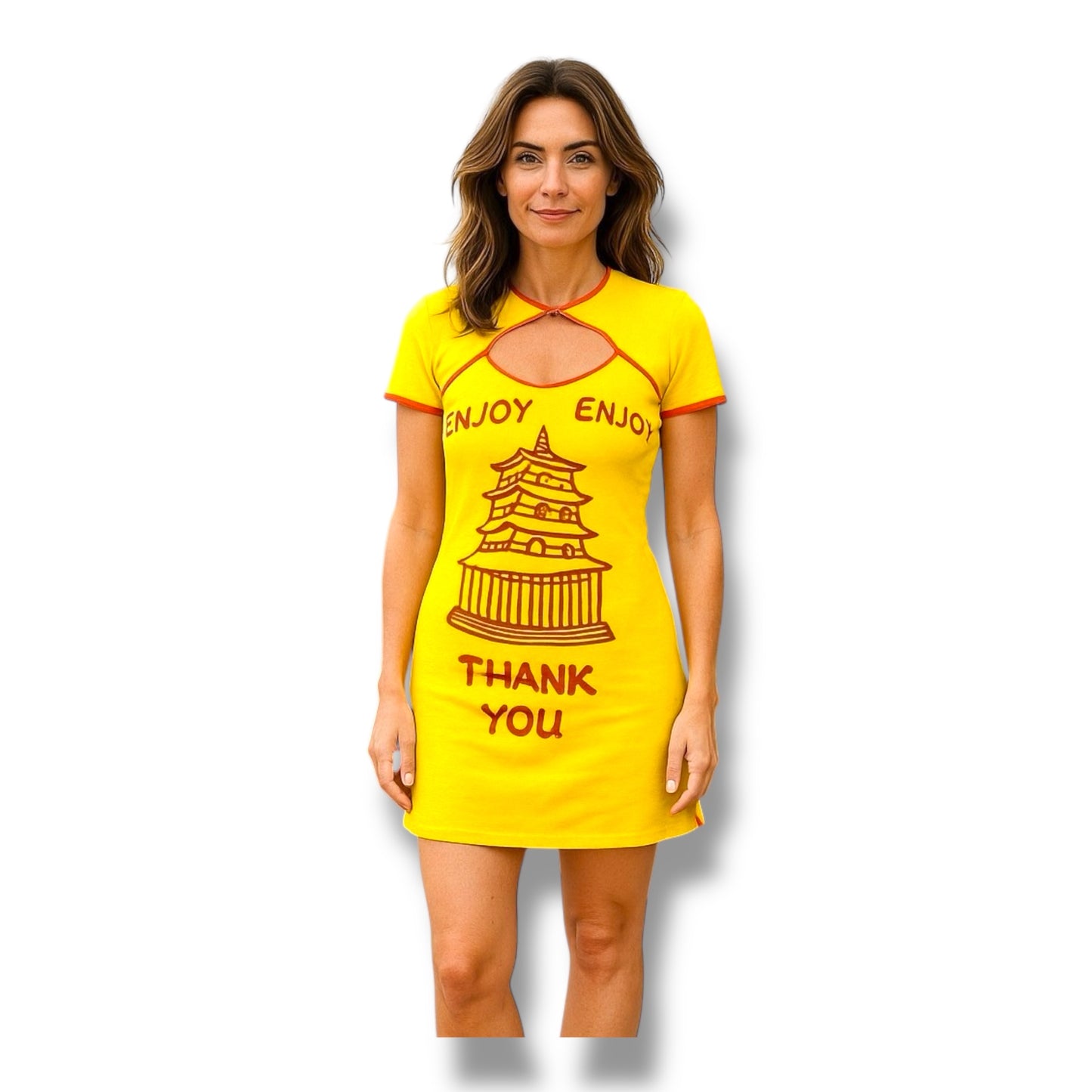 Dames Jurk "Enjoy Thank You" – Geel Rood Chinees Take-Out Design – Maat S, M, L