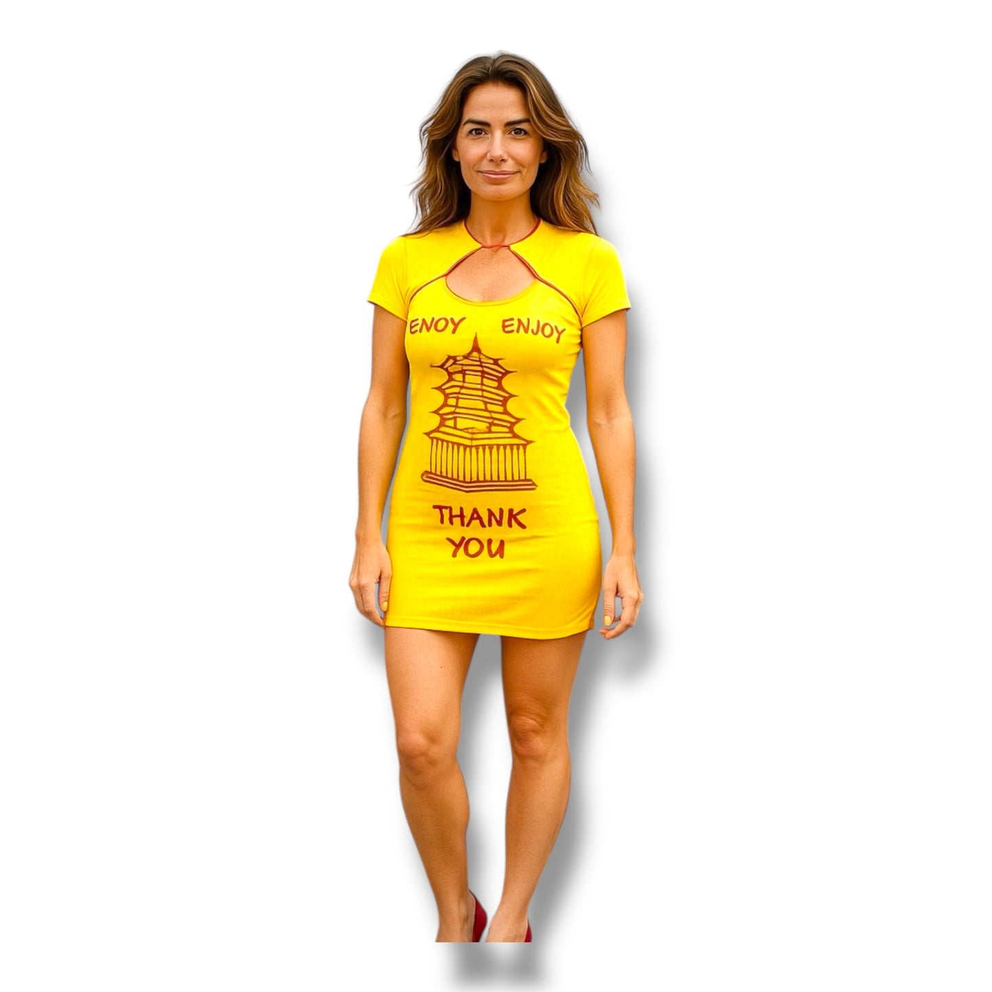Dames Jurk "Enjoy Thank You" – Geel Rood Chinees Take-Out Design – Maat S, M, L