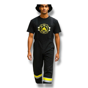 Feuerwehrkostüm Schwarz – Shirt, Latzhose und Hut