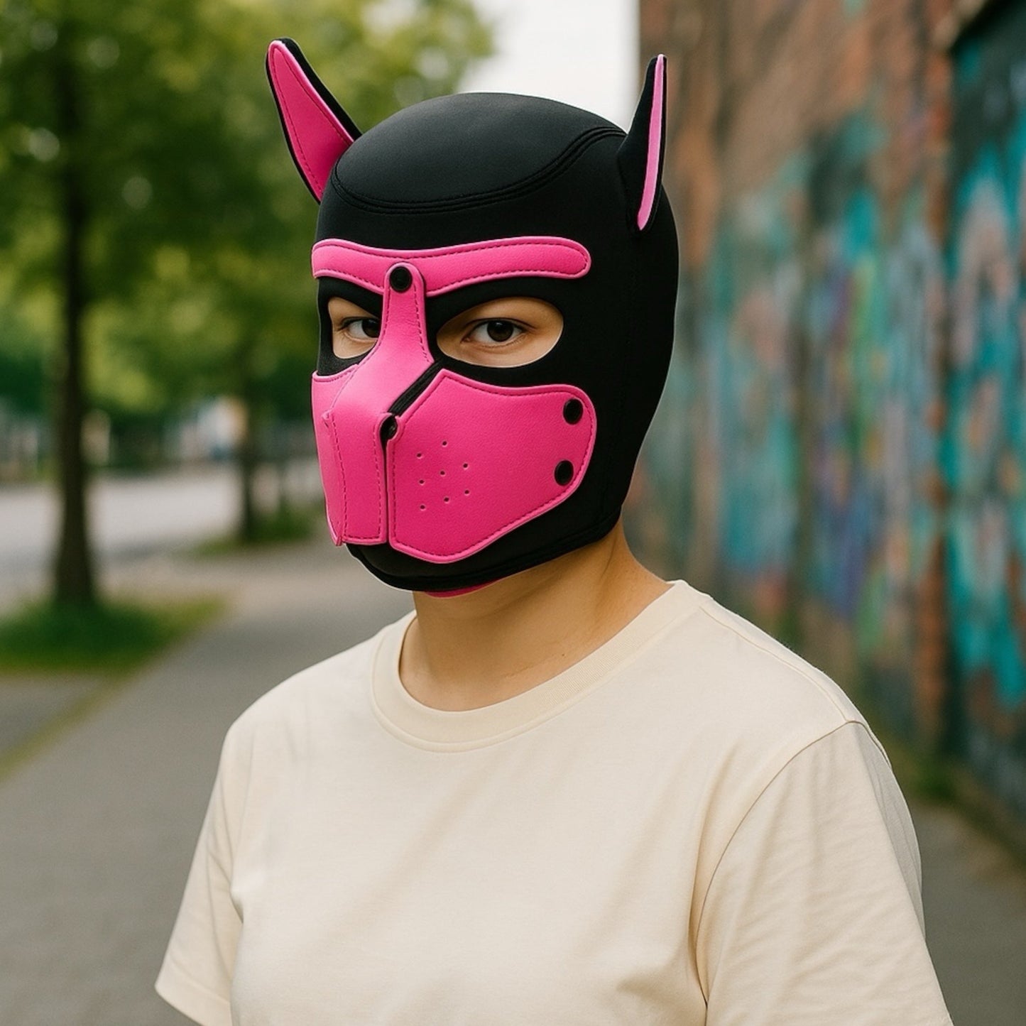 Puppy Play Roze-Zwart Masker – Met Aflopende Snuit & Oor Accenten