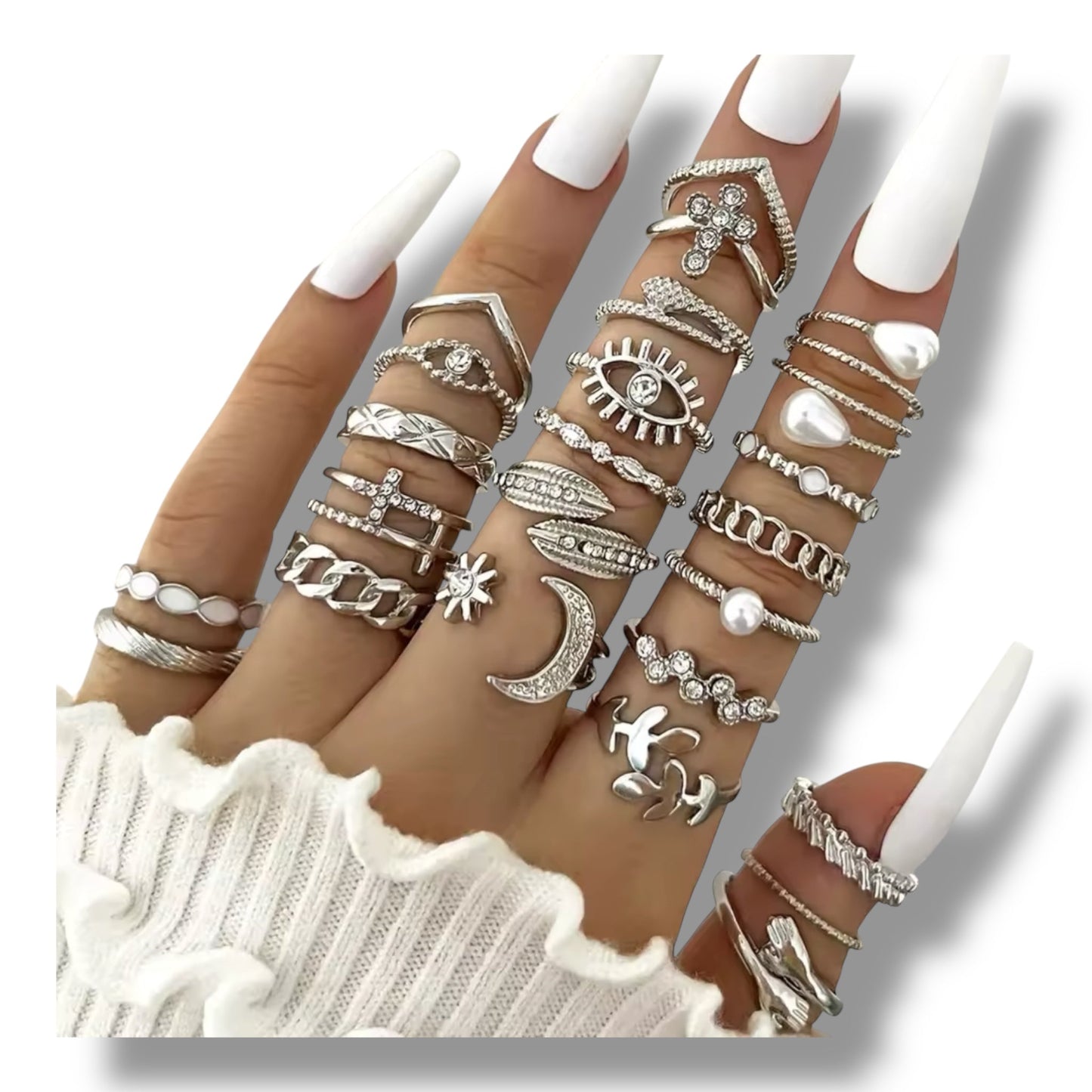 Set van 36 Moderne Fashion Ringen – Goud & Zilver | Boho, Maan & Oogdesigns