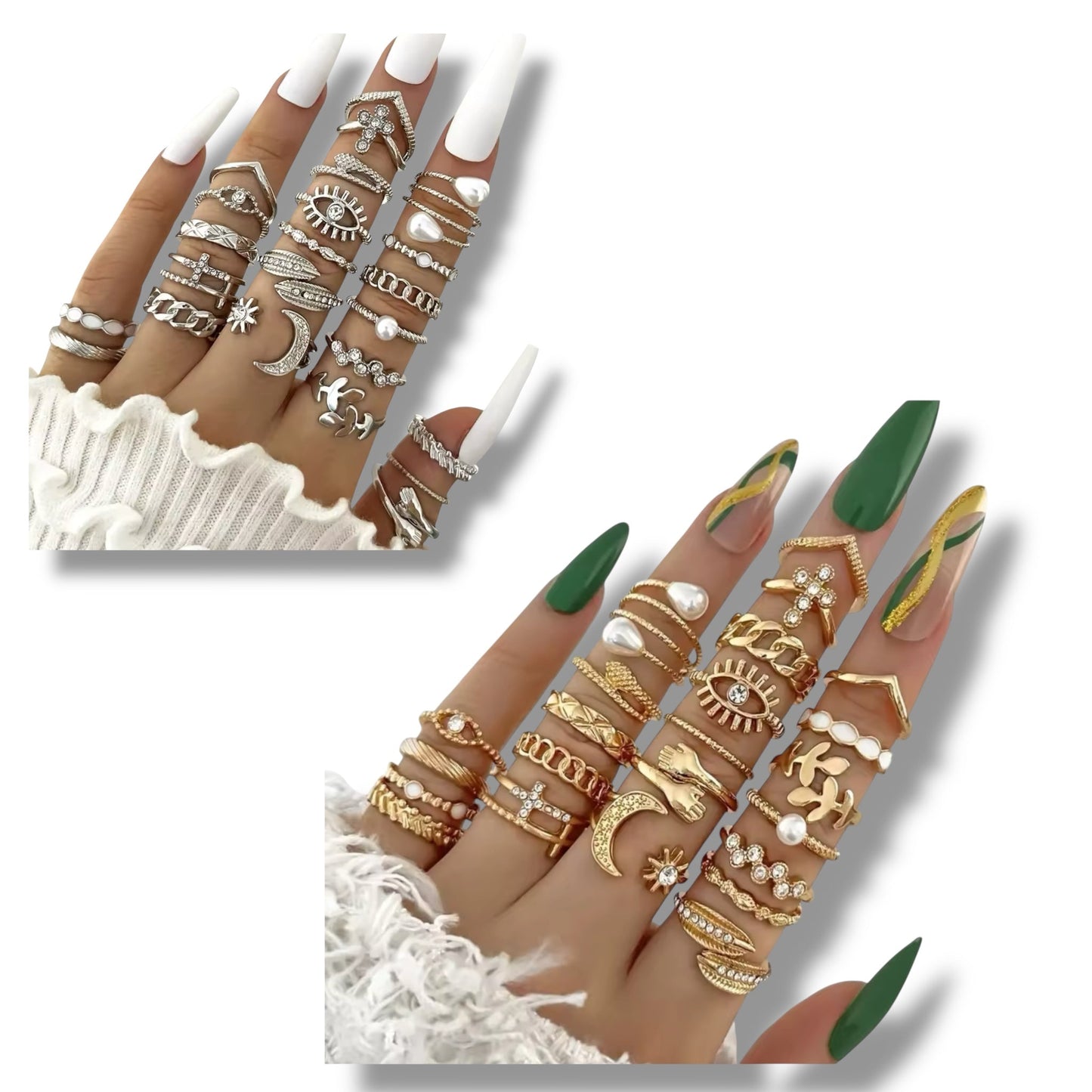 Set van 36 Moderne Fashion Ringen – Goud & Zilver | Boho, Maan & Oogdesigns