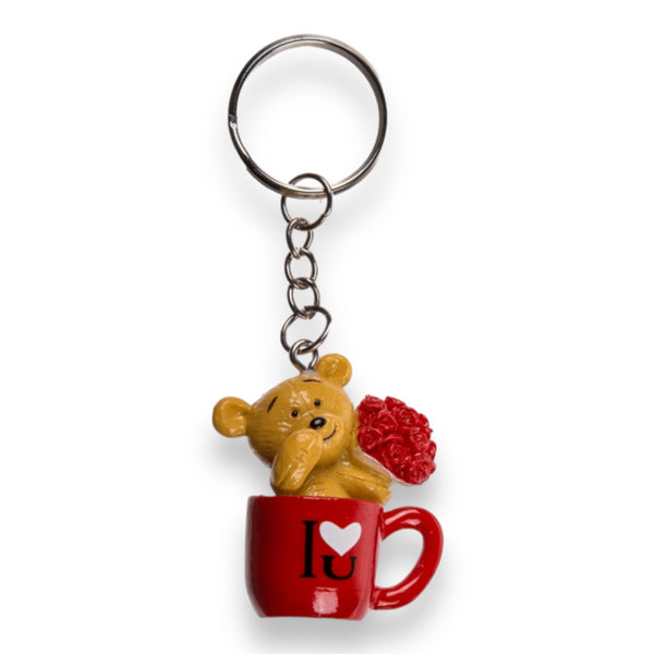 Sleutelhanger Beertje met Rozen in Mok - I Love You