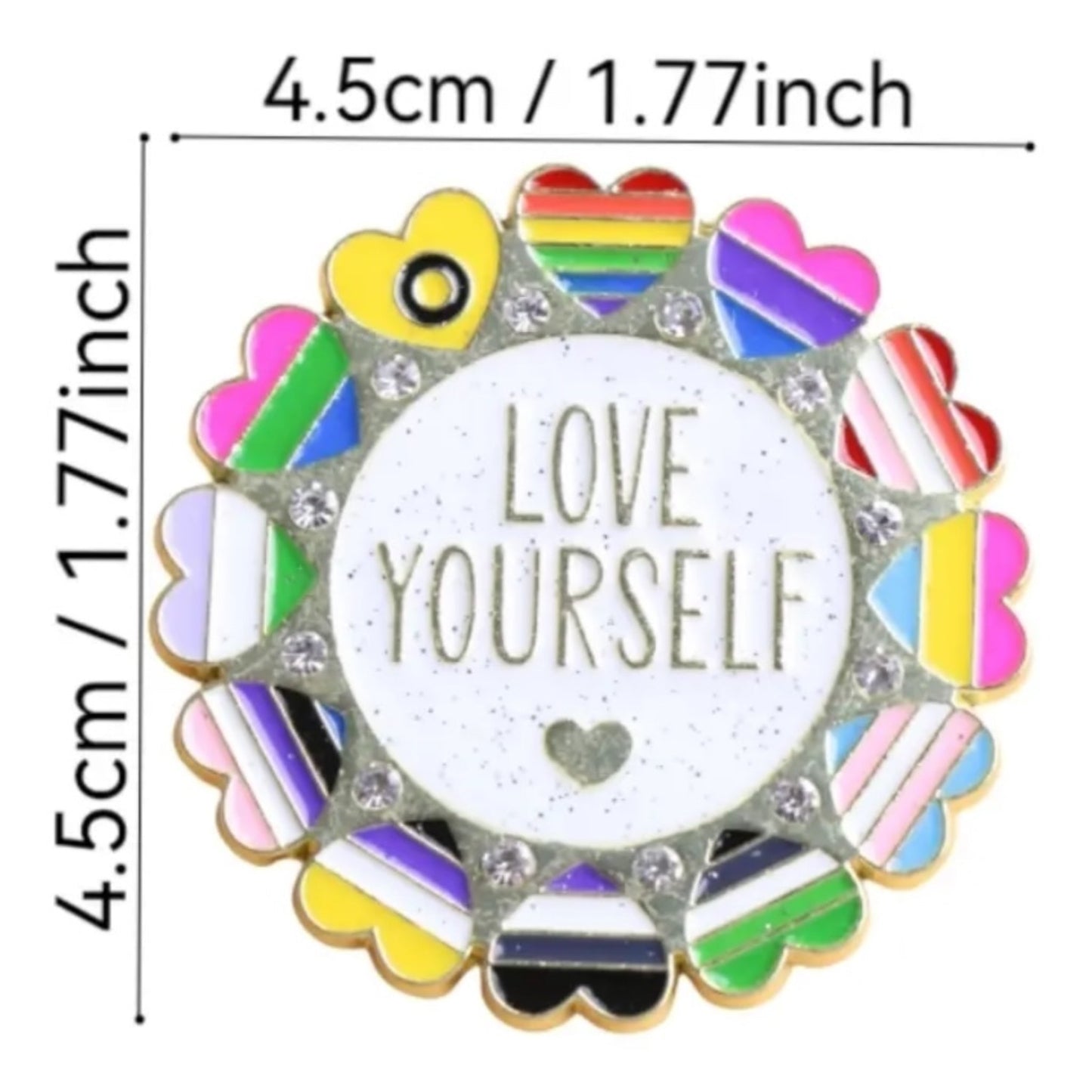 Love Yourself Pride Pin – Inclusieve Hartjes Speldje met Glitter en Steentjes