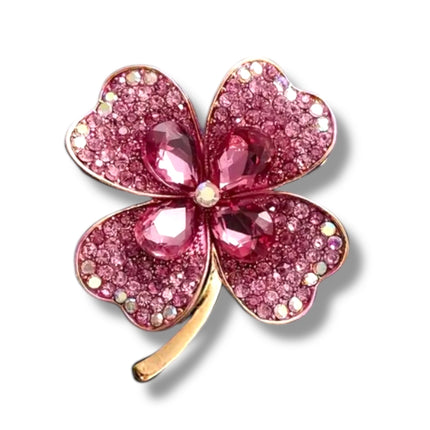 Roze klavertje vier broche met glinsterende strass