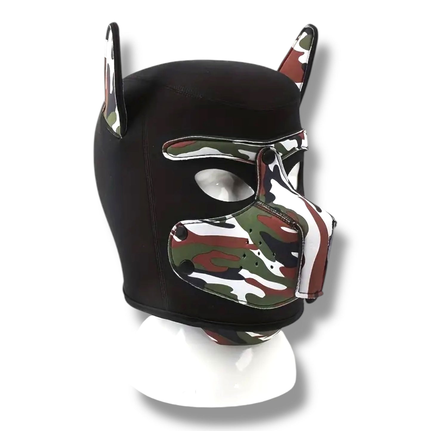 Pup Play Masker – Camouflage Puppy Hood met Afneembare Snuit | Neopreen