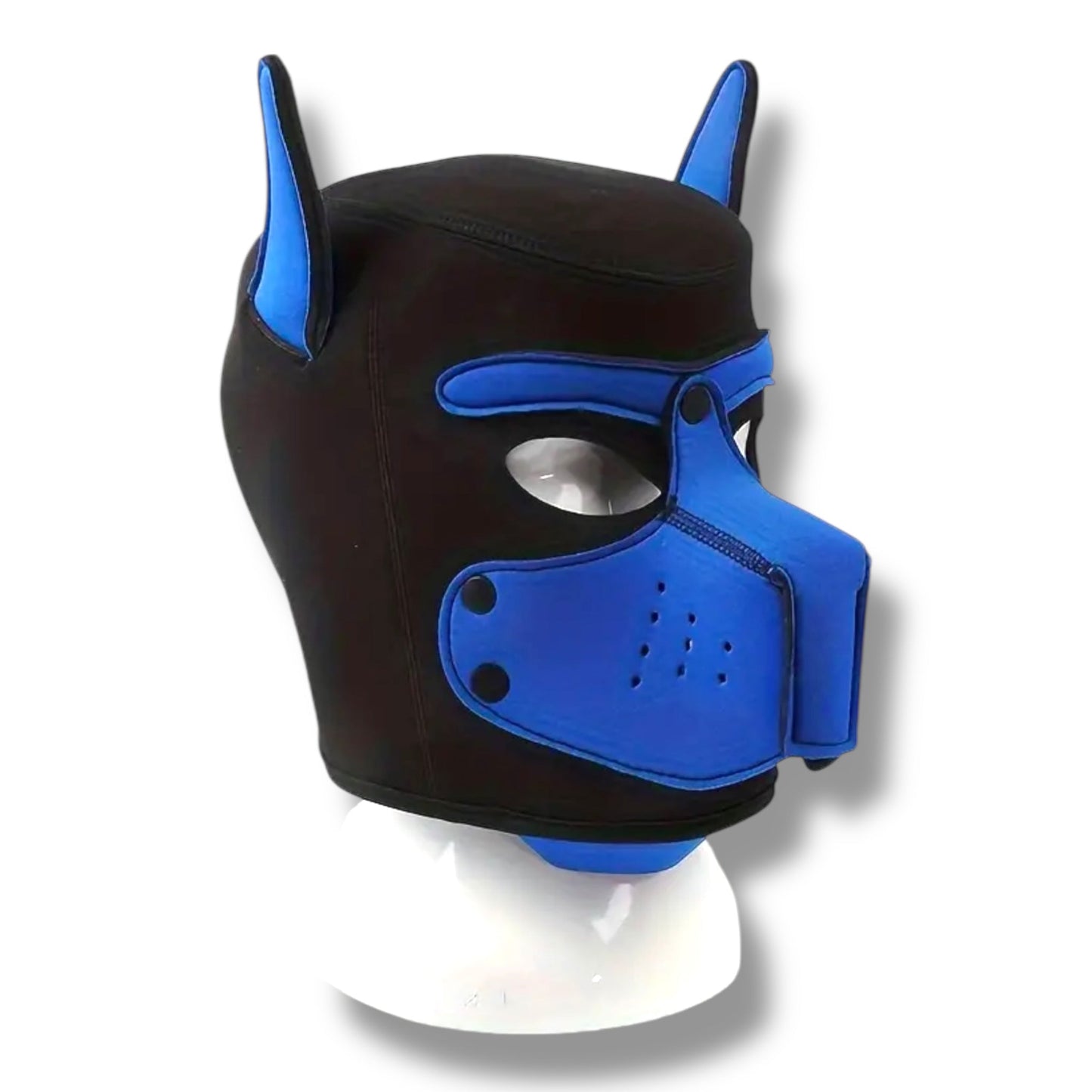 Pup Play Masker – Zwart met Blauw | Neopreen Puppy Hood met Afneembare Snuit
