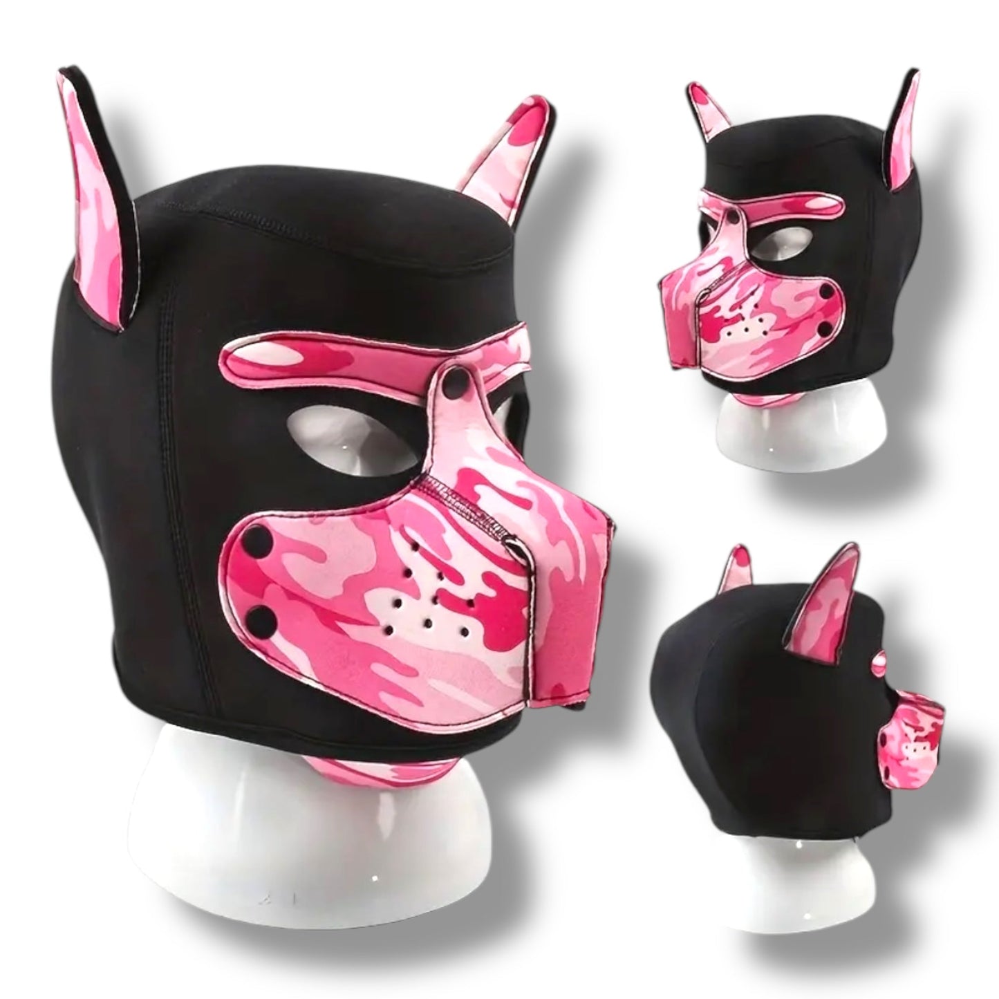 Pup Play Masker – Roze Camouflage Puppy Hood | Neopreen met Afneembare Snuit