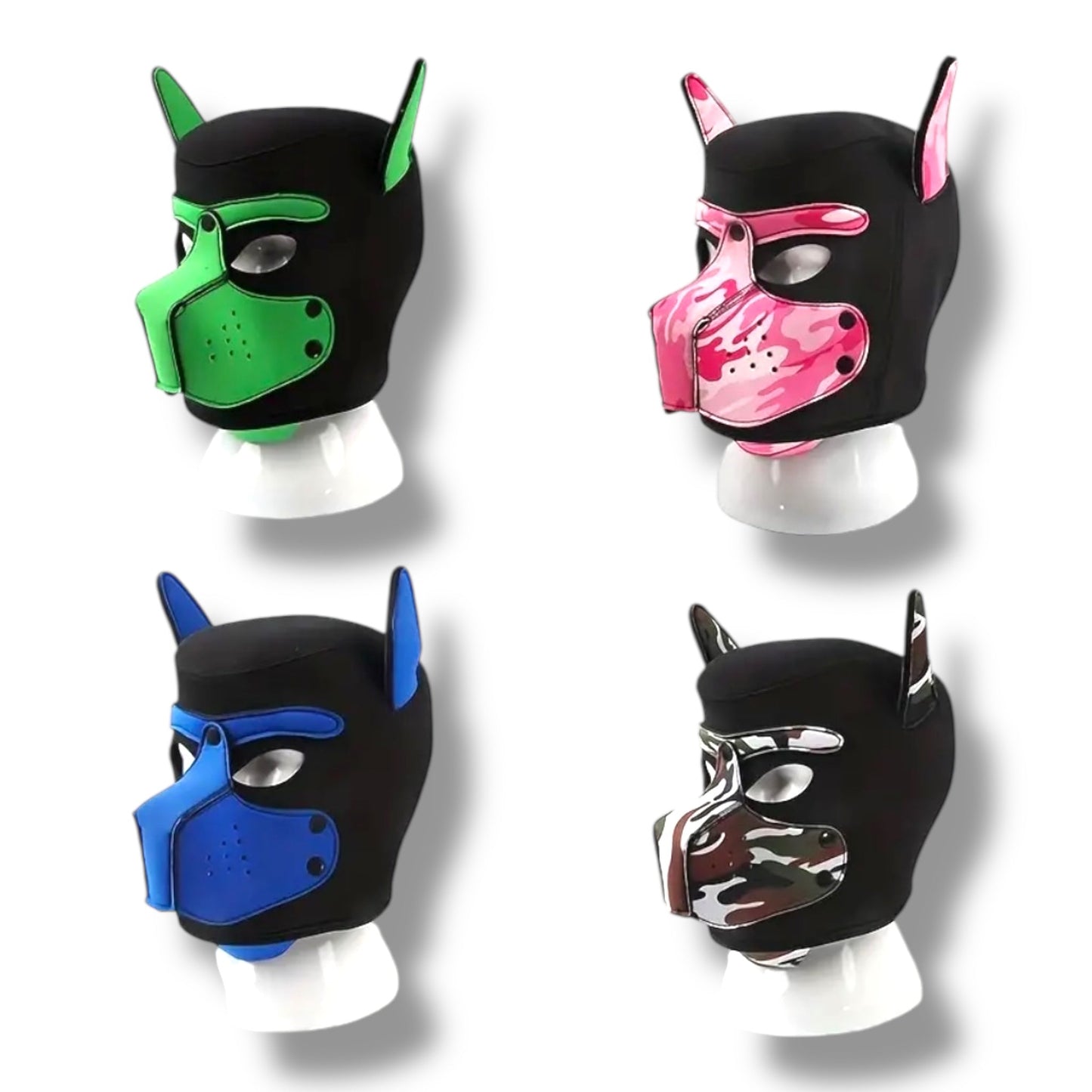 Pup Play Masker – Zwart met Groen | Neopreen Puppy Hood met Afneembare Snuit