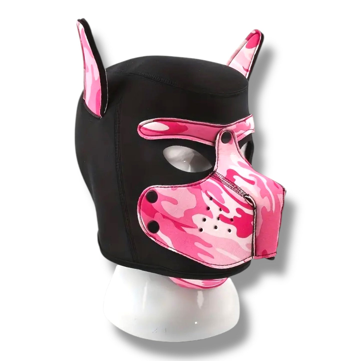 Pup Play Masker – Roze Camouflage Puppy Hood | Neopreen met Afneembare Snuit