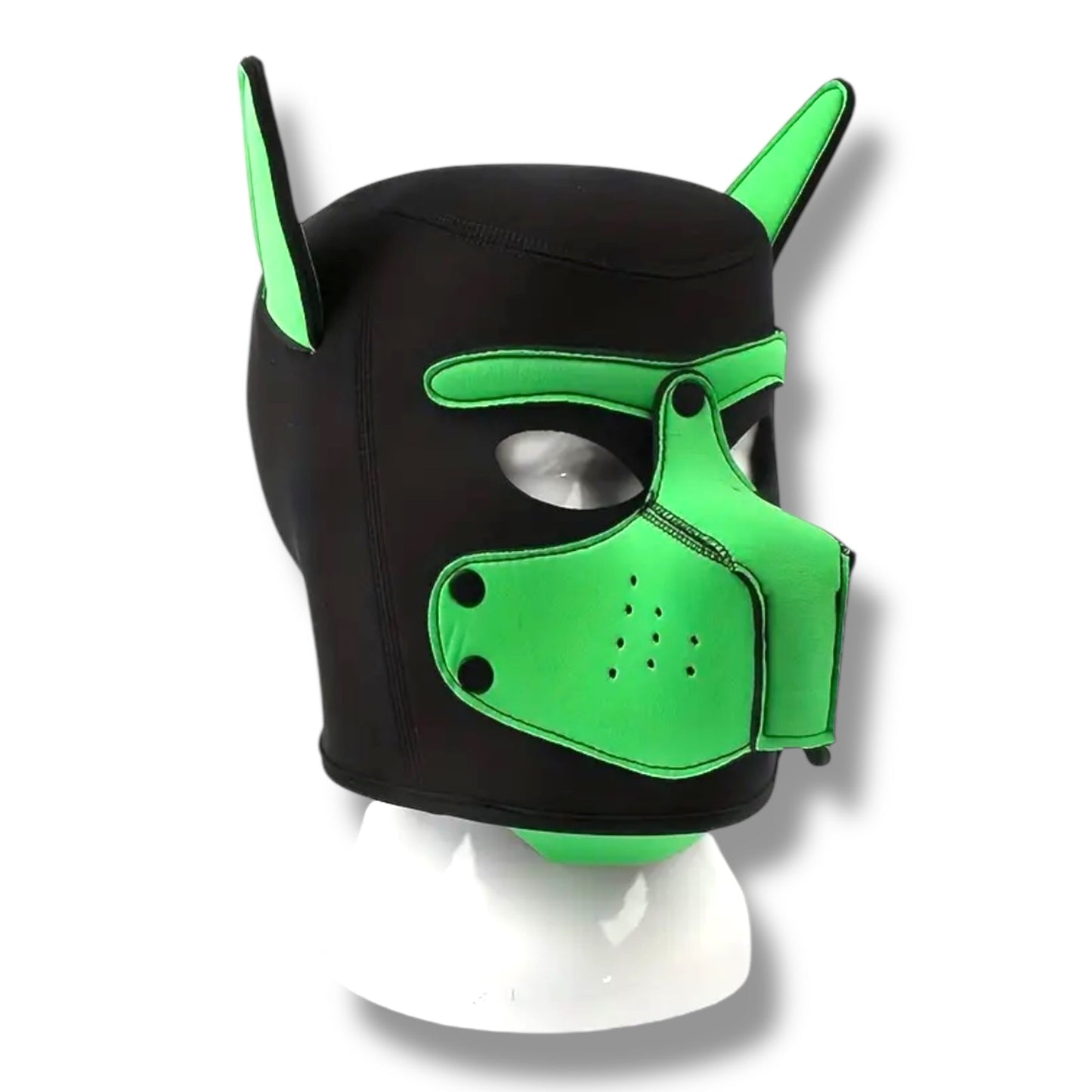 Pup Play Masker – Zwart met Groen | Neopreen Puppy Hood met Afneembare Snuit