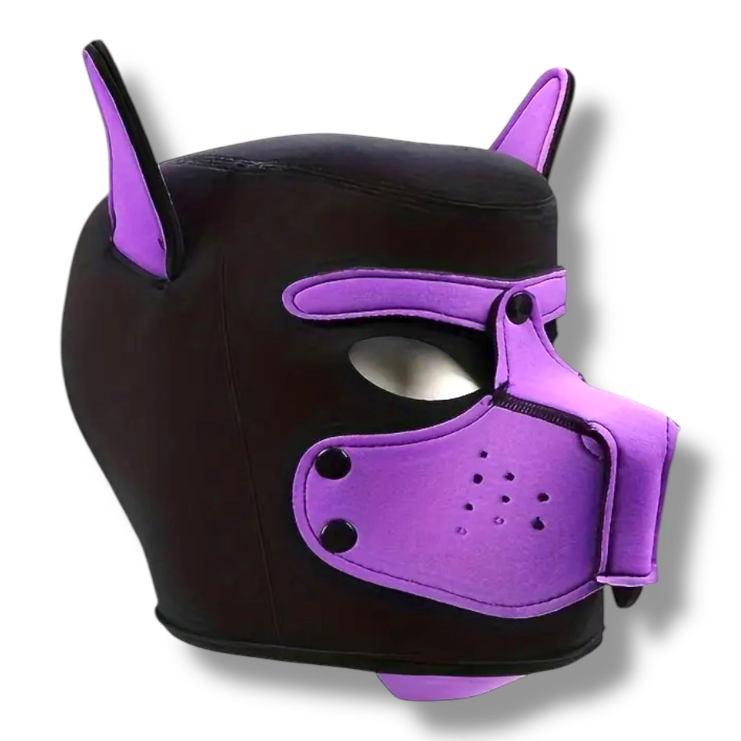 Pup Play Masker – Zwart met Paars | Neopreen Puppy Hood met Afneembare Snuit