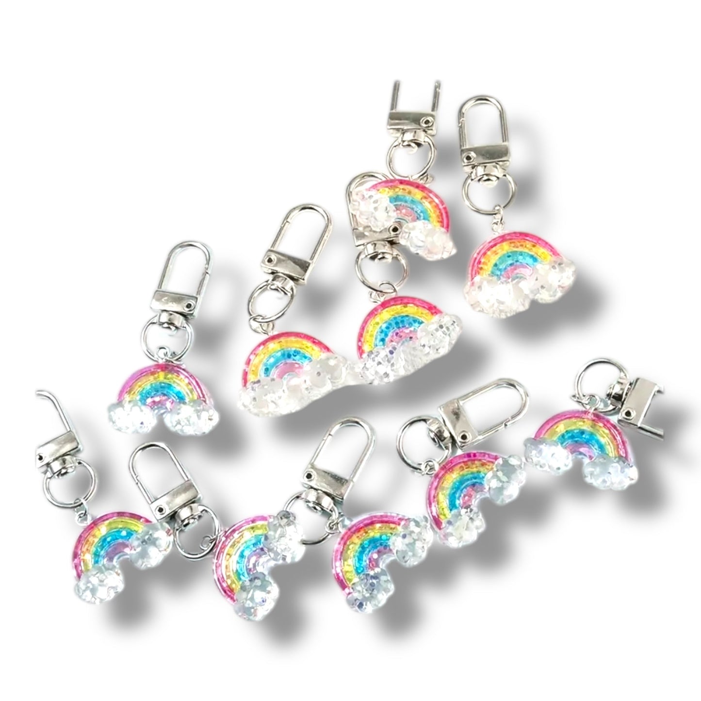 Glitter Regenboog Sleutelhanger met Wolkjes – Acryl & Metaal