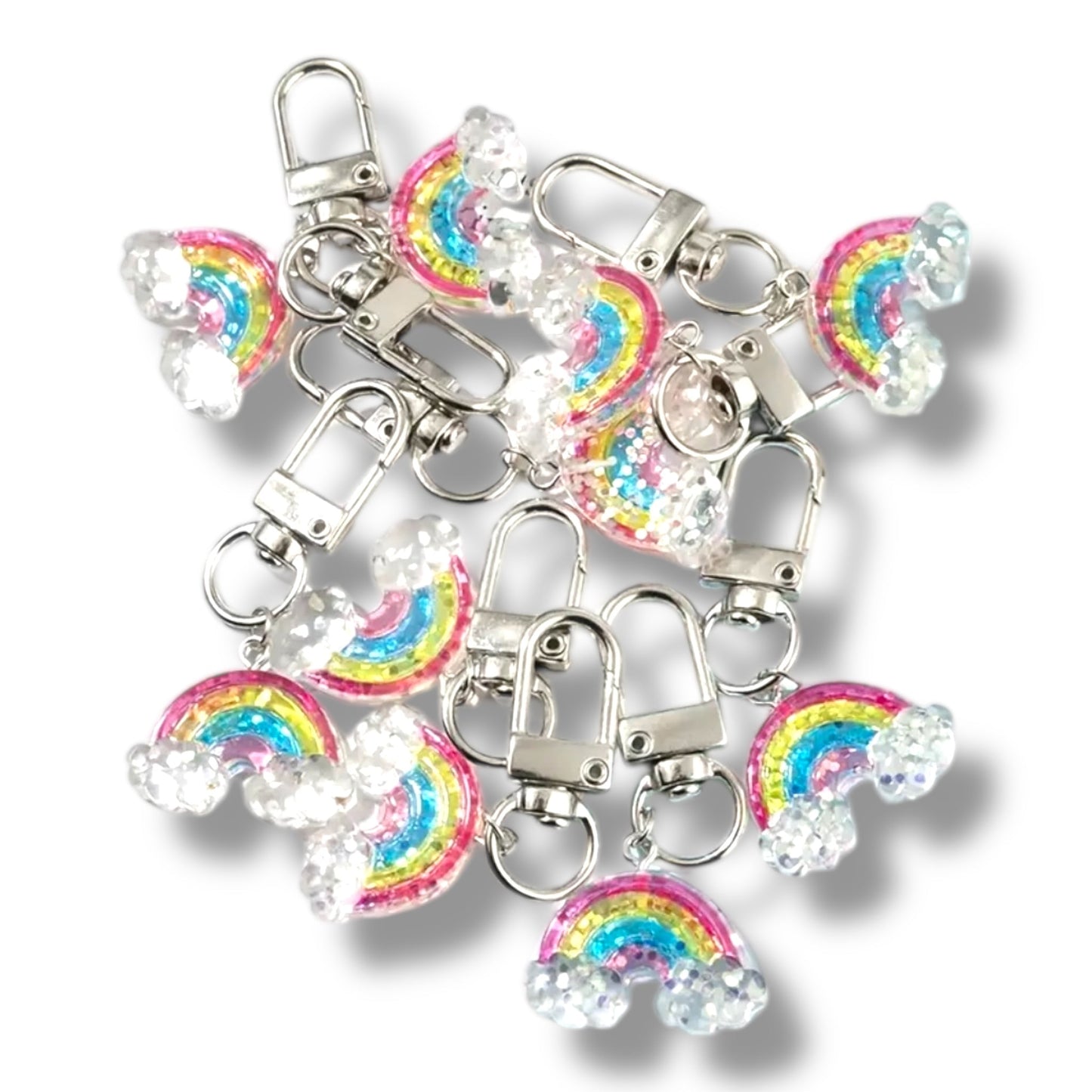 Glitter Regenboog Sleutelhanger met Wolkjes – Acryl & Metaal