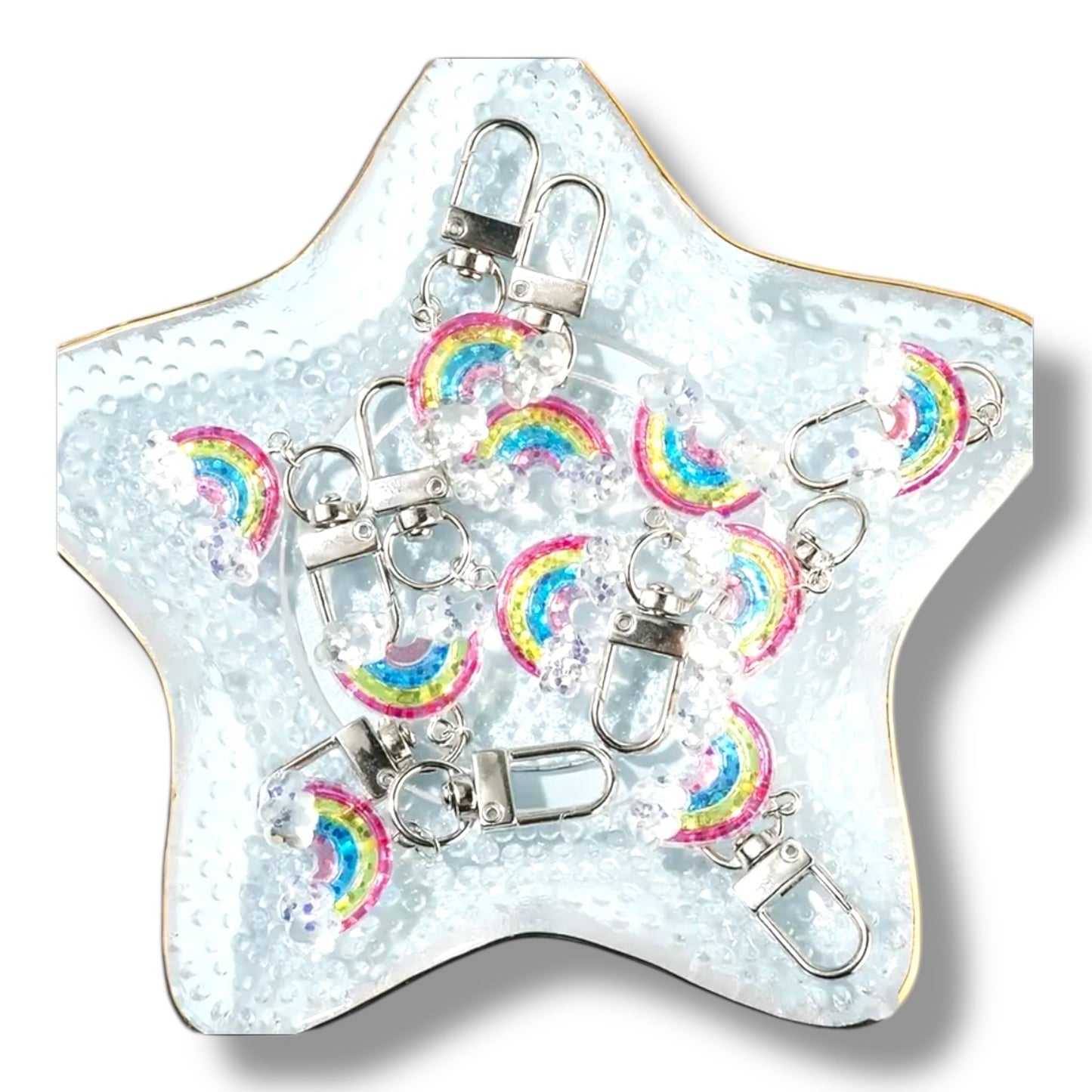 Glitter Regenboog Sleutelhanger met Wolkjes – Acryl & Metaal