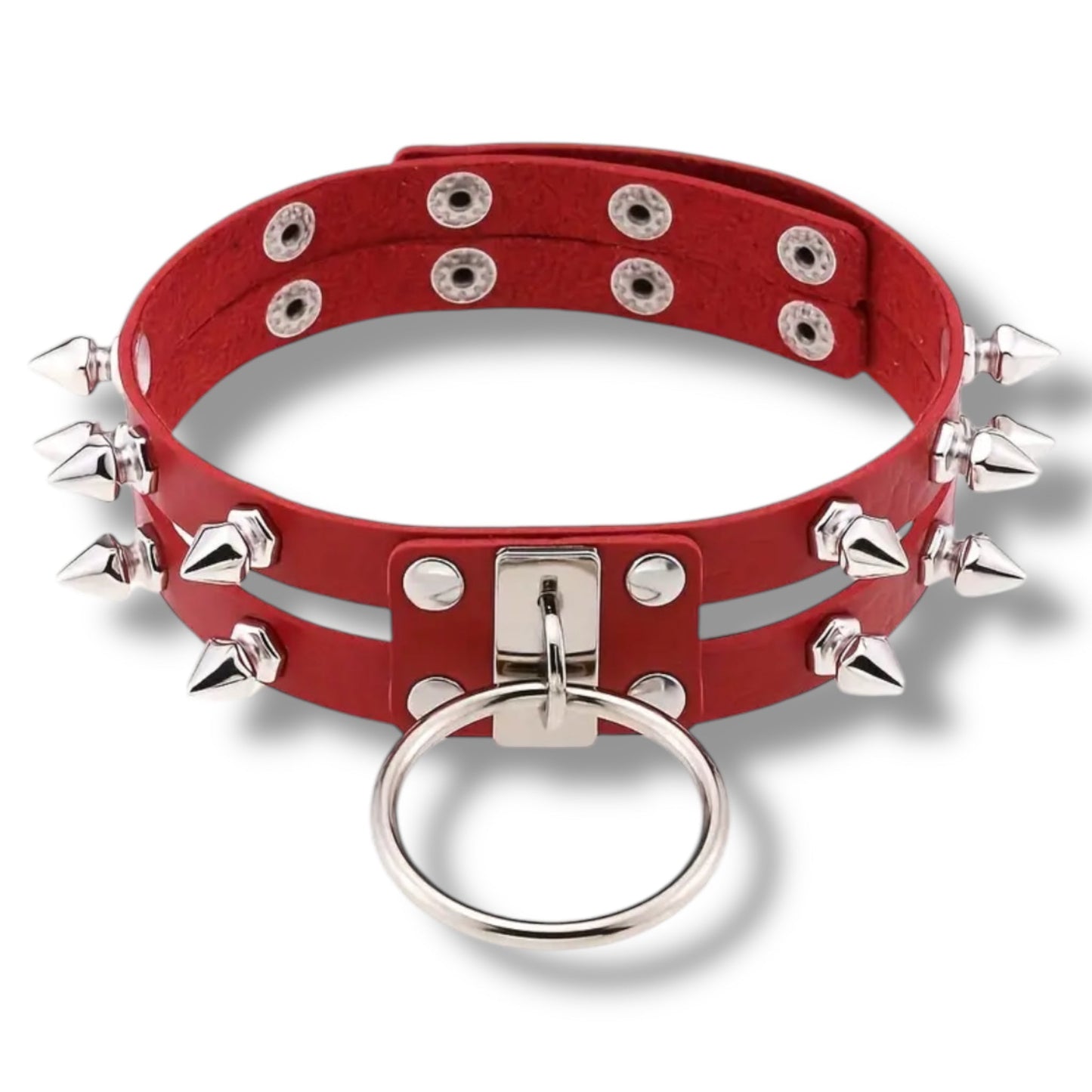 Dubbele Spike Choker Met Ring – Zwart of Rood – Verstelbaar