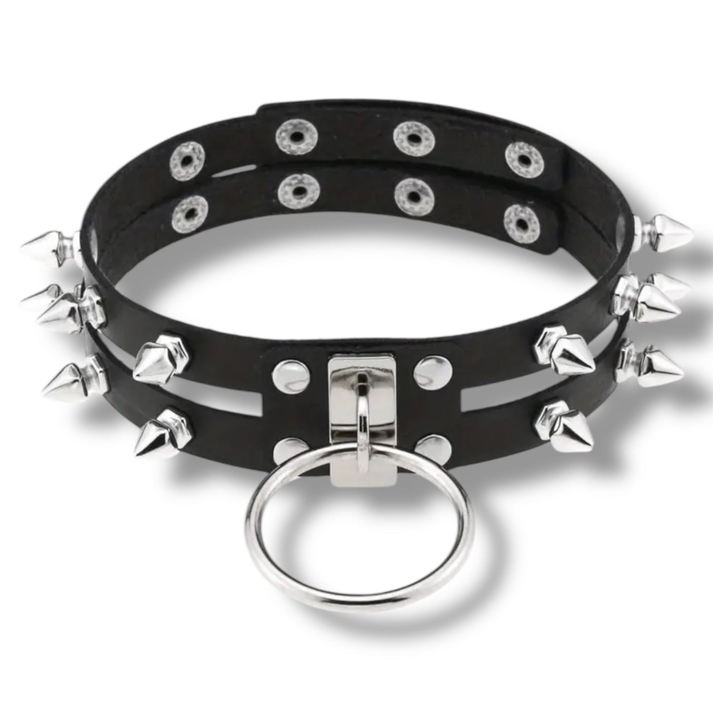 Dubbele Spike Choker Met Ring – Zwart of Rood – Verstelbaar