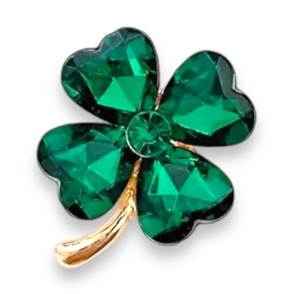 Kleeblatt-Pin mit grünem Strass - Metall, 3 x 3,6 cm