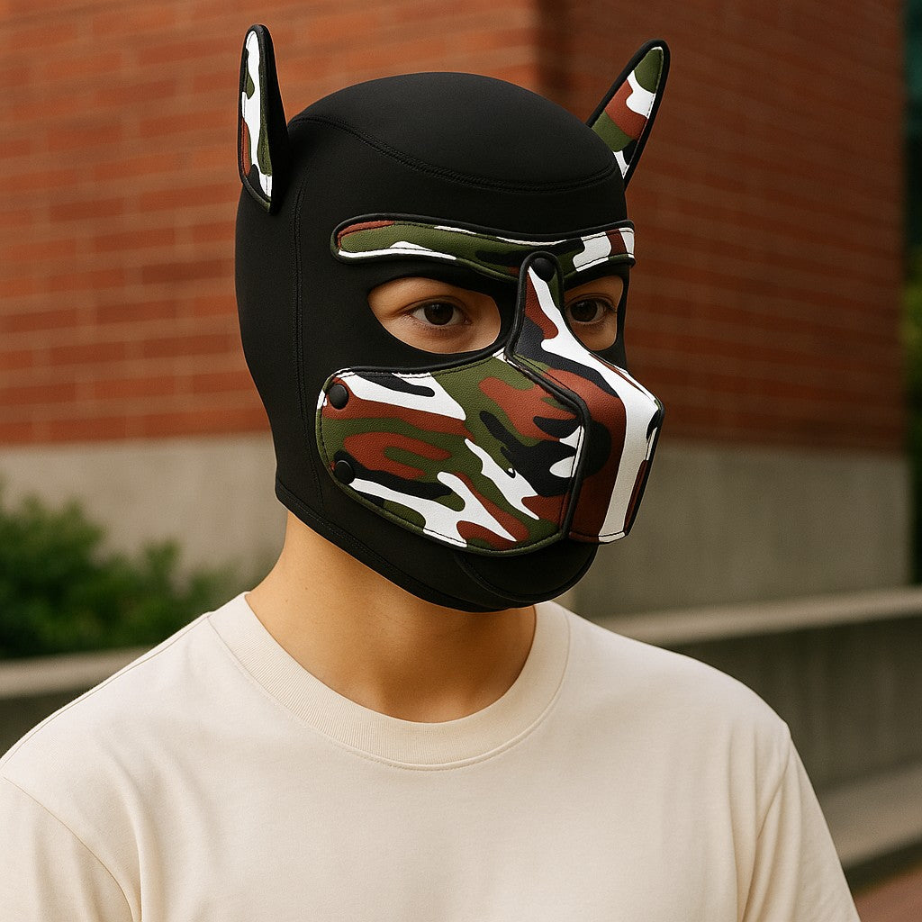 Pup Play Masker – Camouflage Puppy Hood met Afneembare Snuit | Neopreen