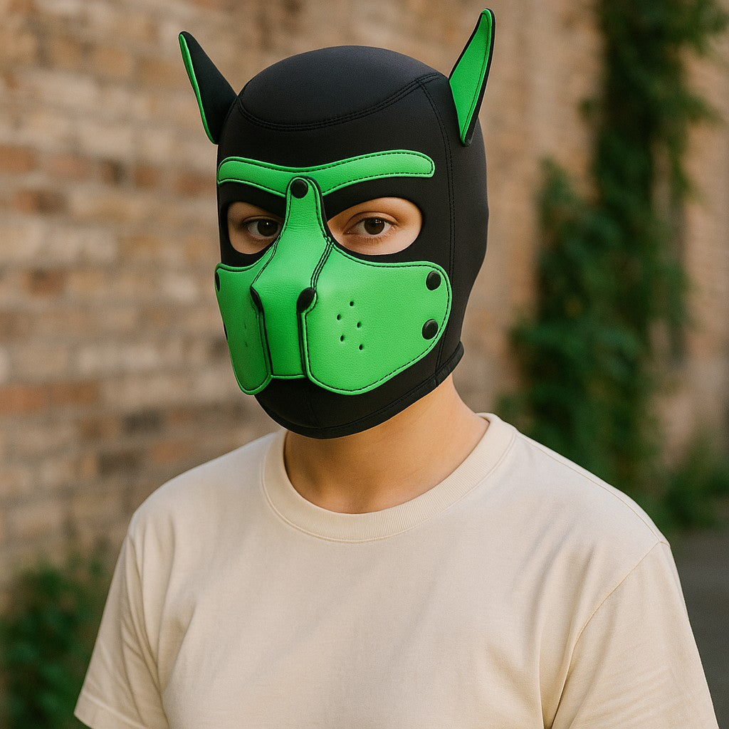 Pup Play Masker – Zwart met Groen | Neopreen Puppy Hood met Afneembare Snuit